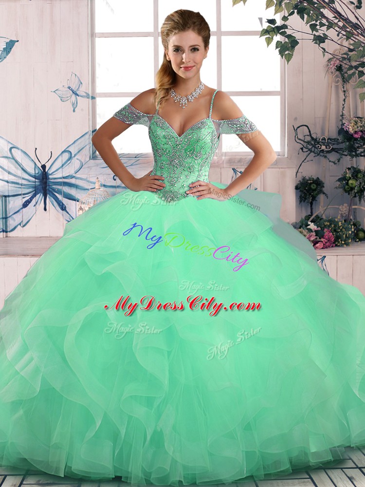 Ball Gowns 15th Birthday Dress Apple Green Off The Shoulder Tulle Sleeveless Floor Length Lace Up