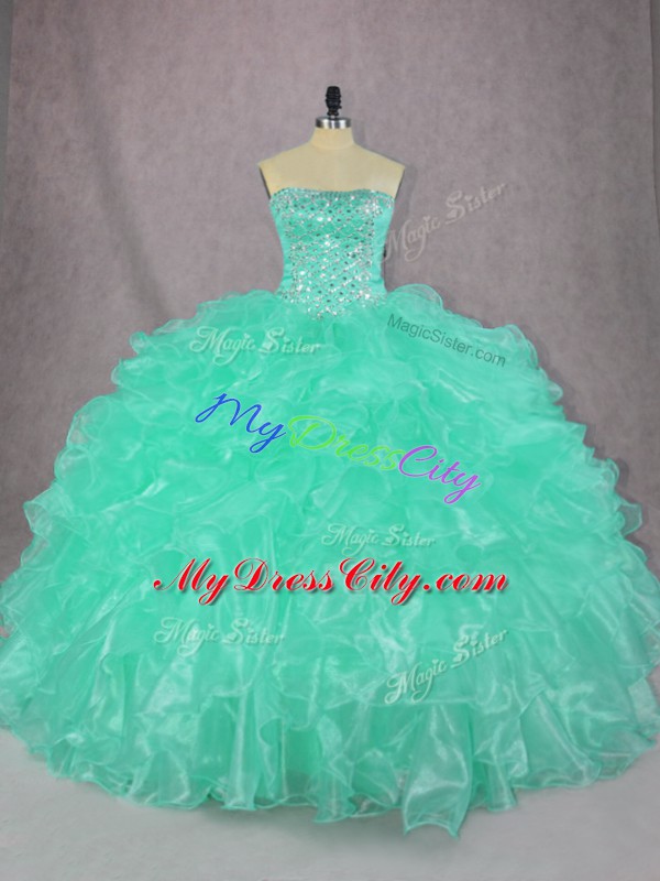 Turquoise Sleeveless Organza Lace Up Quince Ball Gowns for Sweet 16 and Quinceanera