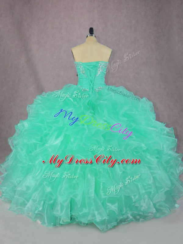 Turquoise Sleeveless Organza Lace Up Quince Ball Gowns for Sweet 16 and Quinceanera