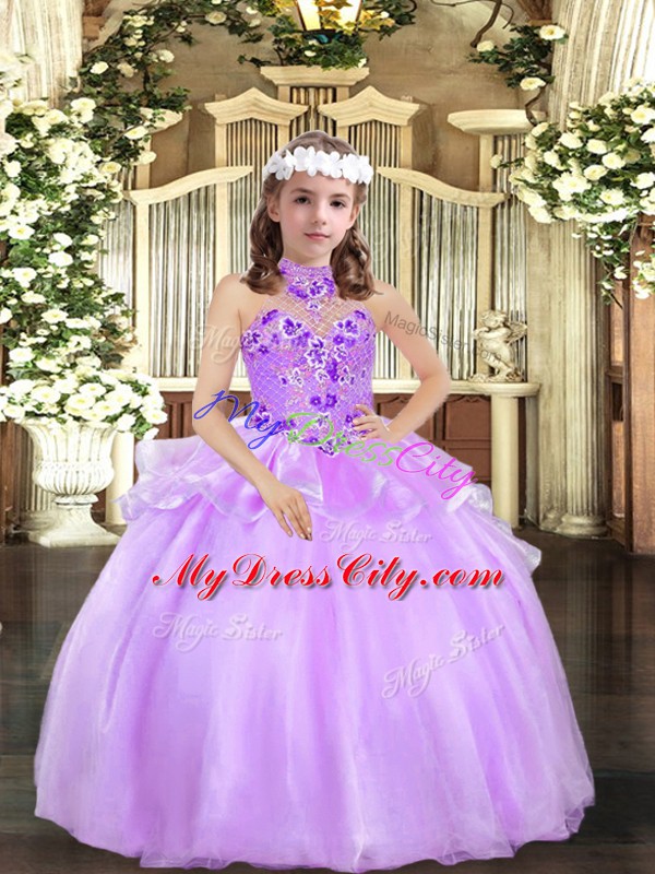 Stylish Lavender Sleeveless Appliques Floor Length Pageant Dress