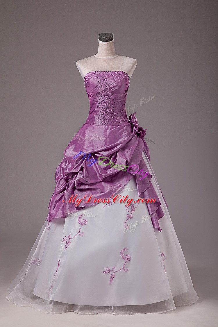 Custom Design Floor Length A-line Sleeveless White And Purple 15th Birthday Dress Lace Up