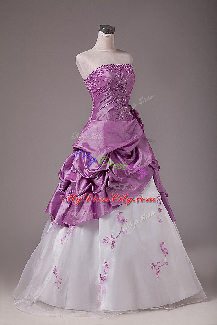 Custom Design Floor Length A-line Sleeveless White And Purple 15th Birthday Dress Lace Up