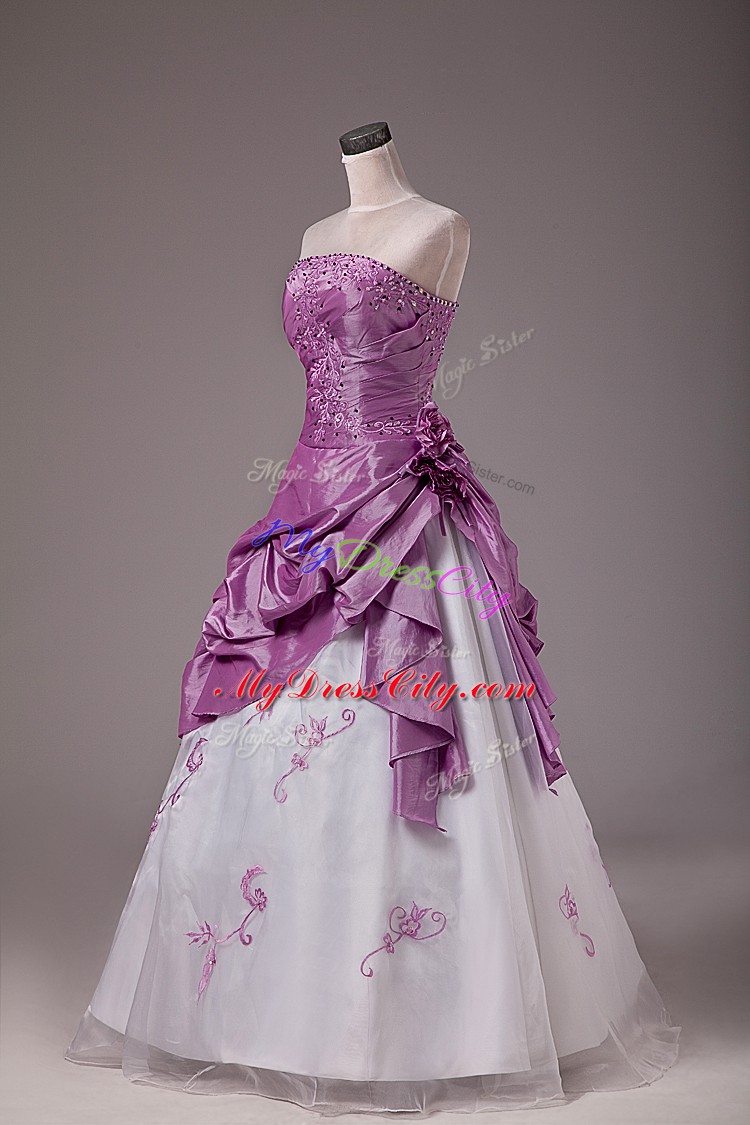 Custom Design Floor Length A-line Sleeveless White And Purple 15th Birthday Dress Lace Up