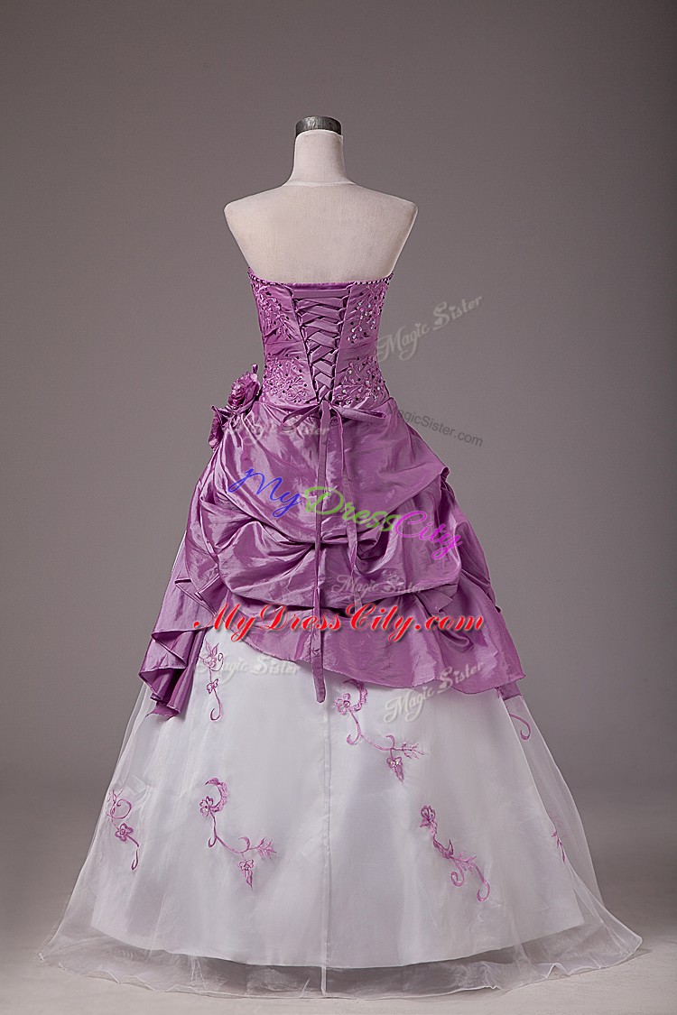 Custom Design Floor Length A-line Sleeveless White And Purple 15th Birthday Dress Lace Up