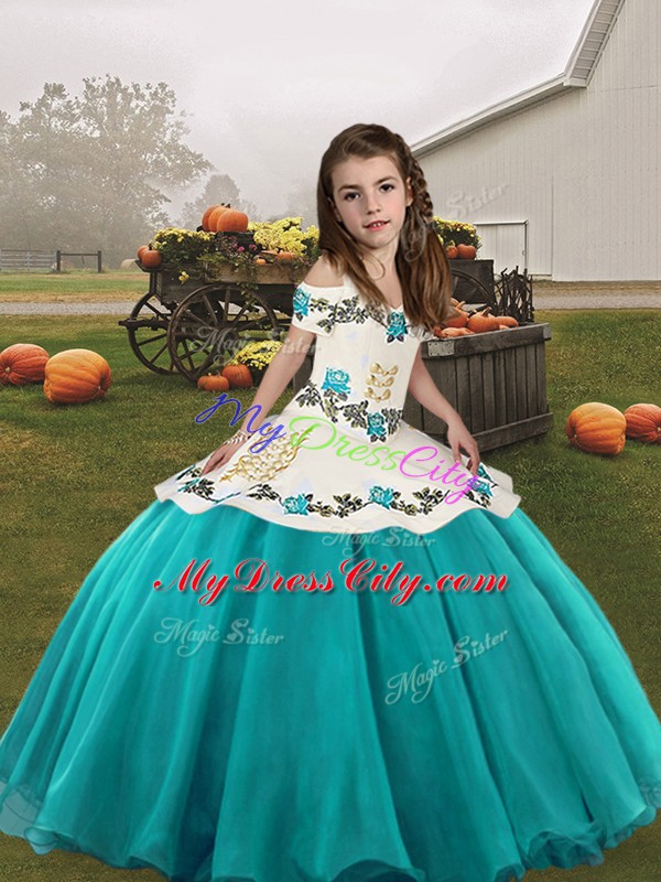 Trendy Aqua Blue Little Girls Pageant Dress Party and Military Ball with Embroidery Straps Sleeveless Lace Up