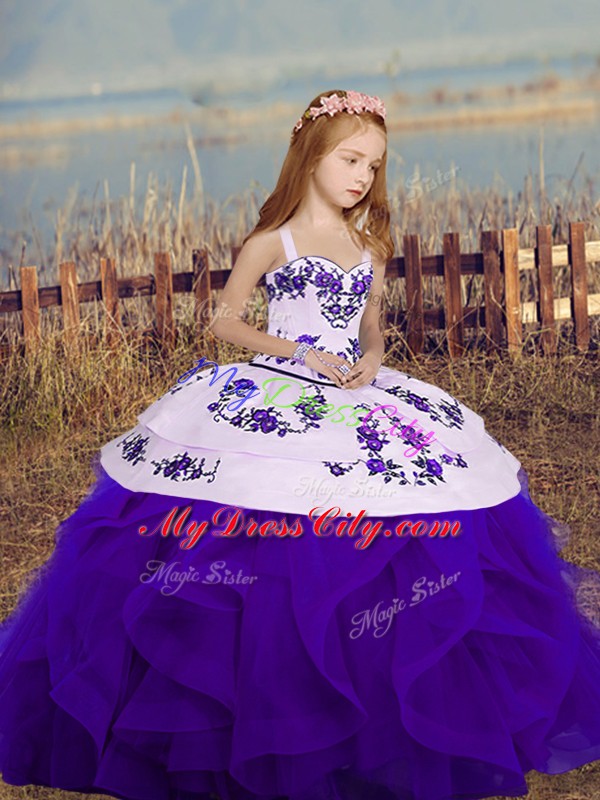 Sleeveless Floor Length Lace Up Pageant Dress for Womens in Purple with Embroidery and Ruffles