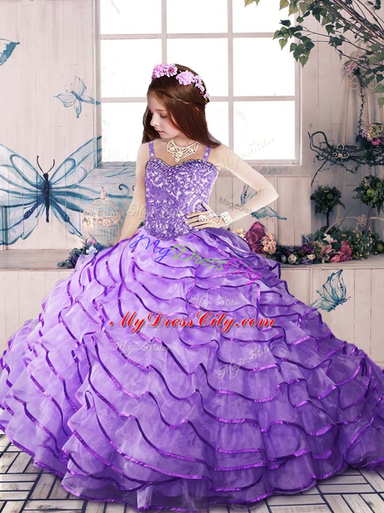 Hot Sale Beading and Ruffled Layers Pageant Dress for Girls Lavender Lace Up Sleeveless Brush Train