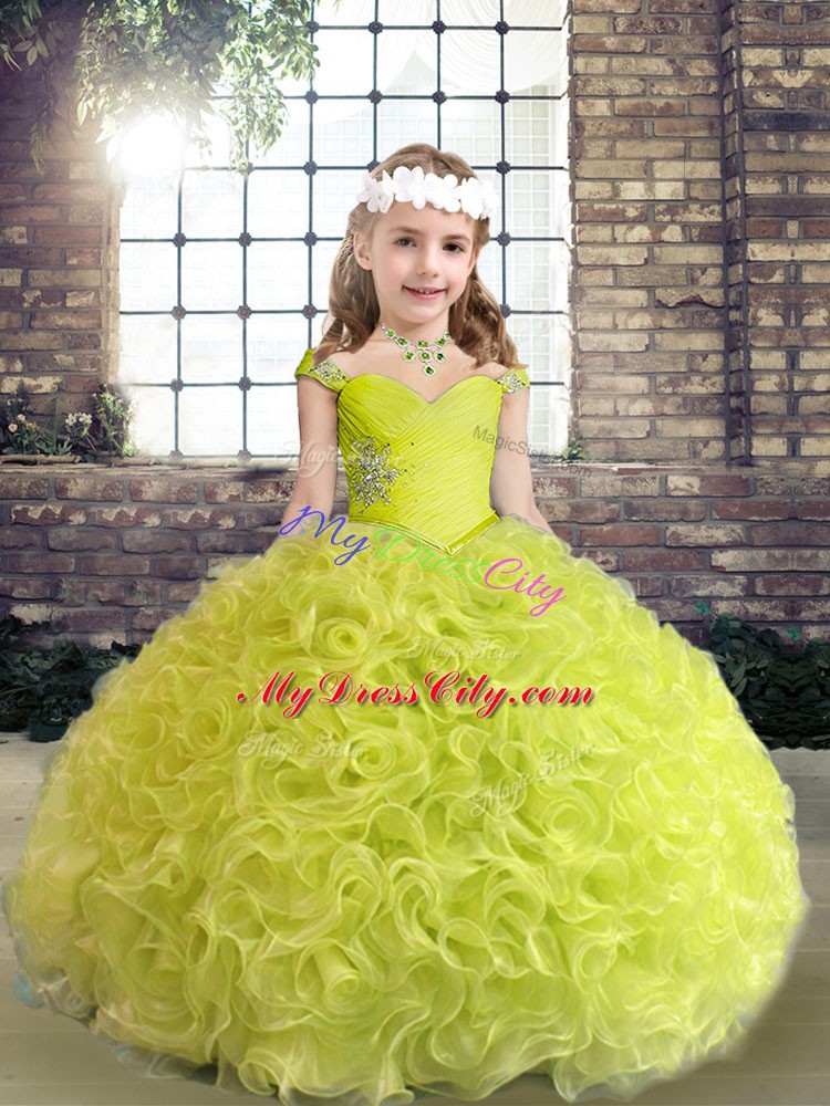 Yellow Green Little Girls Pageant Gowns Party and Wedding Party with Beading and Ruffles Straps Sleeveless Lace Up