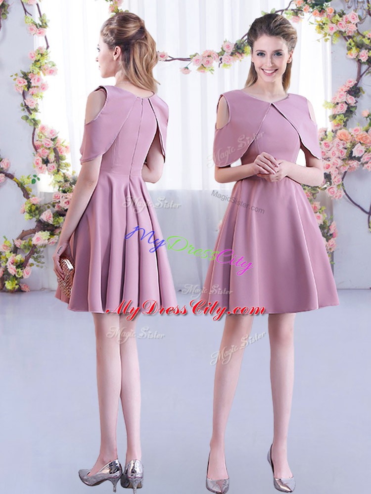 Spectacular Pink A-line Chiffon Scoop Half Sleeves Ruching Mini Length Zipper Bridesmaid Dress