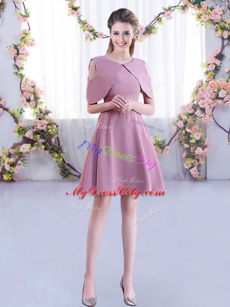 Spectacular Pink A-line Chiffon Scoop Half Sleeves Ruching Mini Length Zipper Bridesmaid Dress