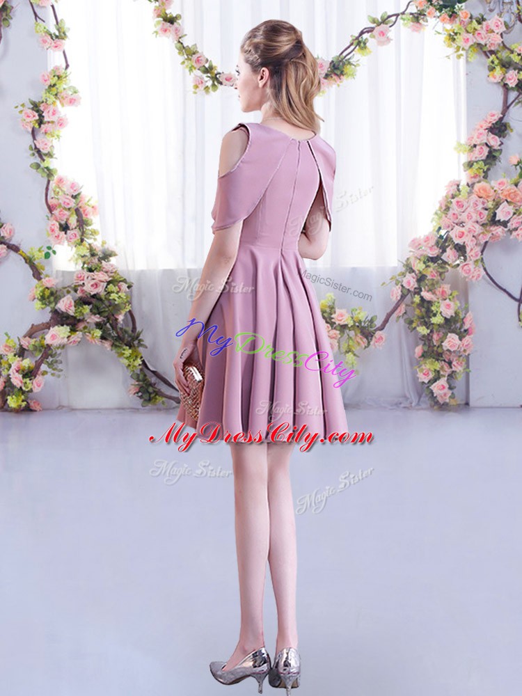 Spectacular Pink A-line Chiffon Scoop Half Sleeves Ruching Mini Length Zipper Bridesmaid Dress