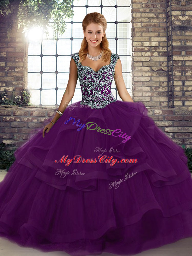 Customized Tulle Sleeveless Floor Length Sweet 16 Quinceanera Dress and Beading and Ruffles