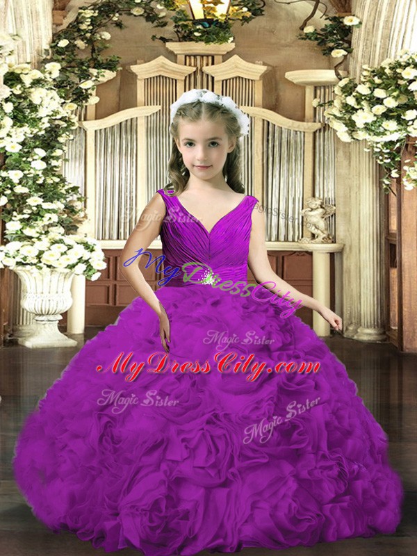 Sleeveless Floor Length Beading and Ruching Backless Glitz Pageant Dress with Purple