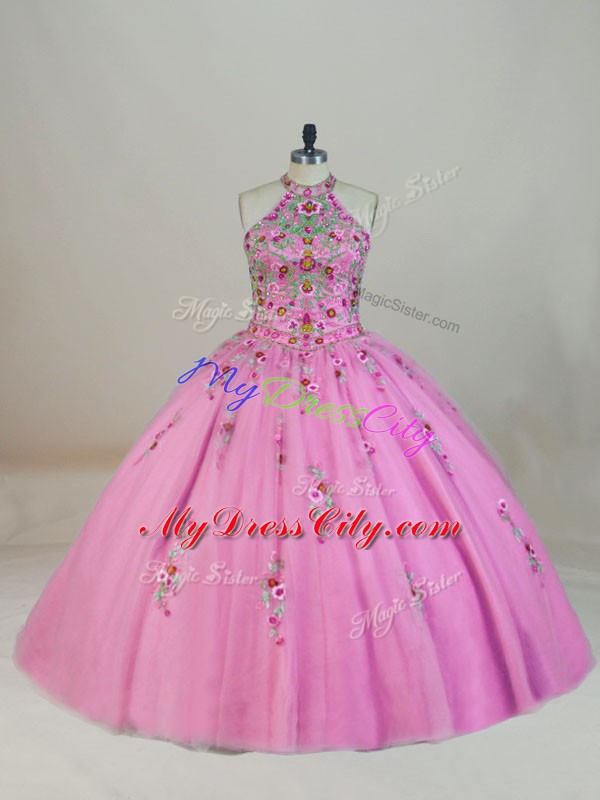 Rose Pink Lace Up Sweet 16 Dress Appliques and Embroidery Sleeveless Brush Train