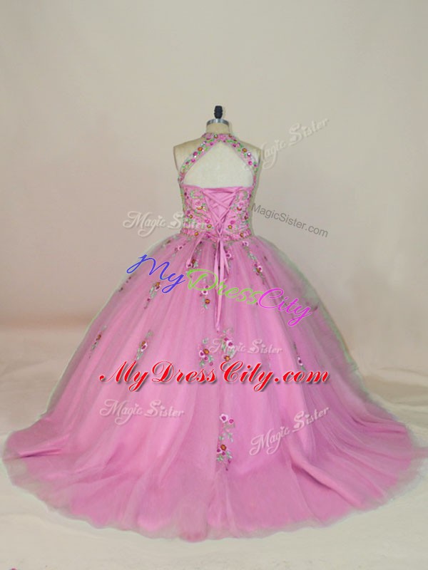 Rose Pink Lace Up Sweet 16 Dress Appliques and Embroidery Sleeveless Brush Train