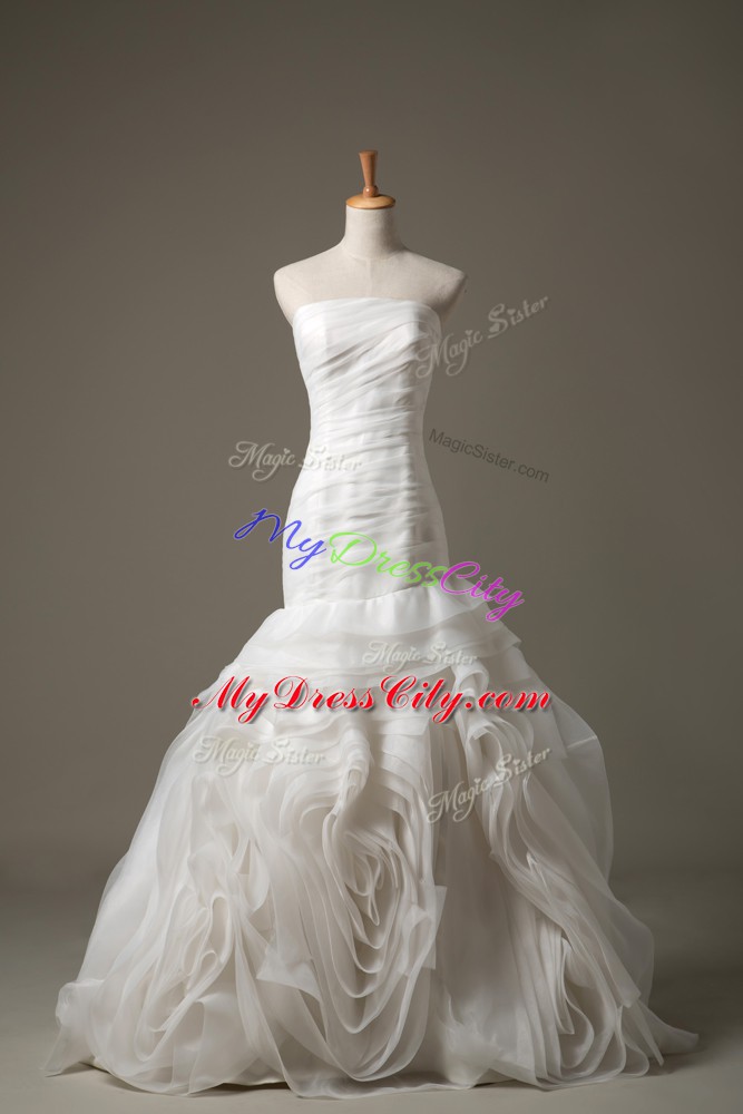 White Lace Up Strapless Ruching Wedding Dresses Fabric With Rolling Flowers Sleeveless Brush Train