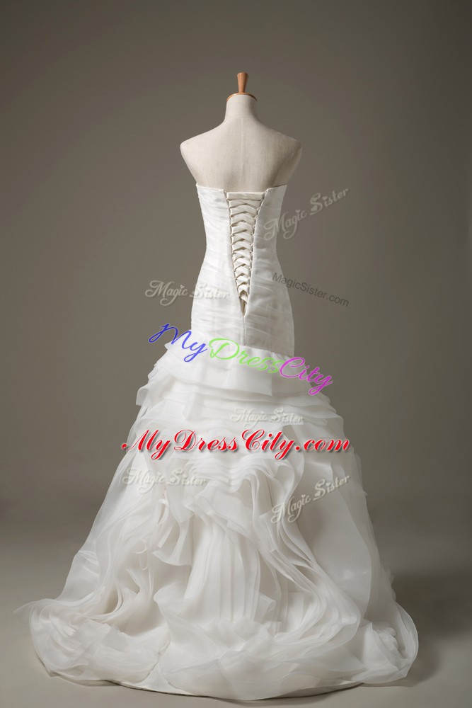 White Lace Up Strapless Ruching Wedding Dresses Fabric With Rolling Flowers Sleeveless Brush Train