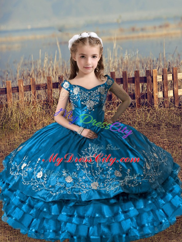 Fantastic Sleeveless Floor Length Embroidery and Ruffled Layers Lace Up Little Girls Pageant Gowns with Blue