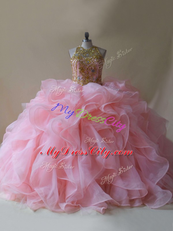 Delicate Scoop Sleeveless Organza Vestidos de Quinceanera Beading and Ruffles Brush Train Backless