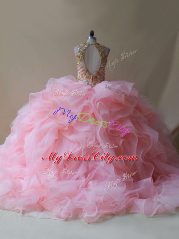 Delicate Scoop Sleeveless Organza Vestidos de Quinceanera Beading and Ruffles Brush Train Backless