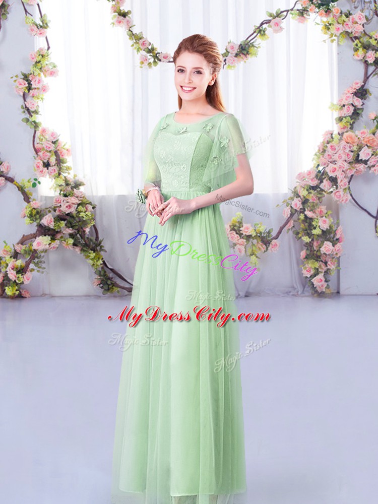 Lace and Belt Bridesmaid Dress Apple Green Side Zipper Short Sleeves Floor Length