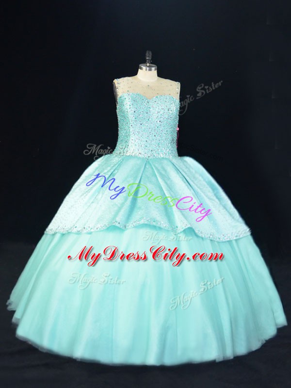 Clearance Aqua Blue Sleeveless Floor Length Beading Lace Up Sweet 16 Quinceanera Dress