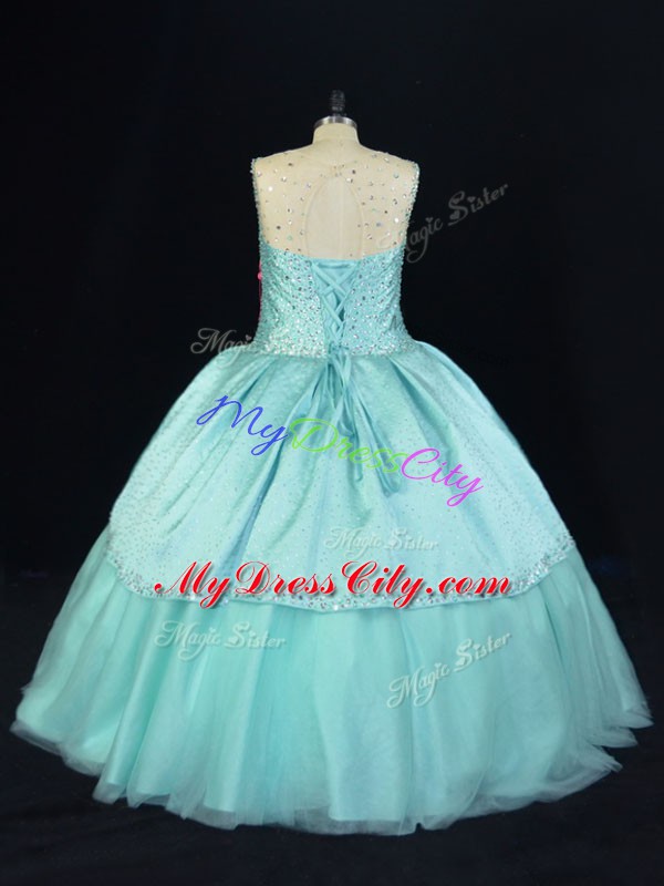 Clearance Aqua Blue Sleeveless Floor Length Beading Lace Up Sweet 16 Quinceanera Dress