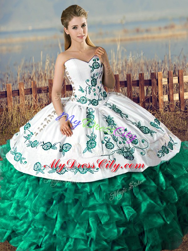 Sweet Green Ball Gowns Sweetheart Sleeveless Organza Floor Length Lace Up Embroidery and Ruffles Quince Ball Gowns