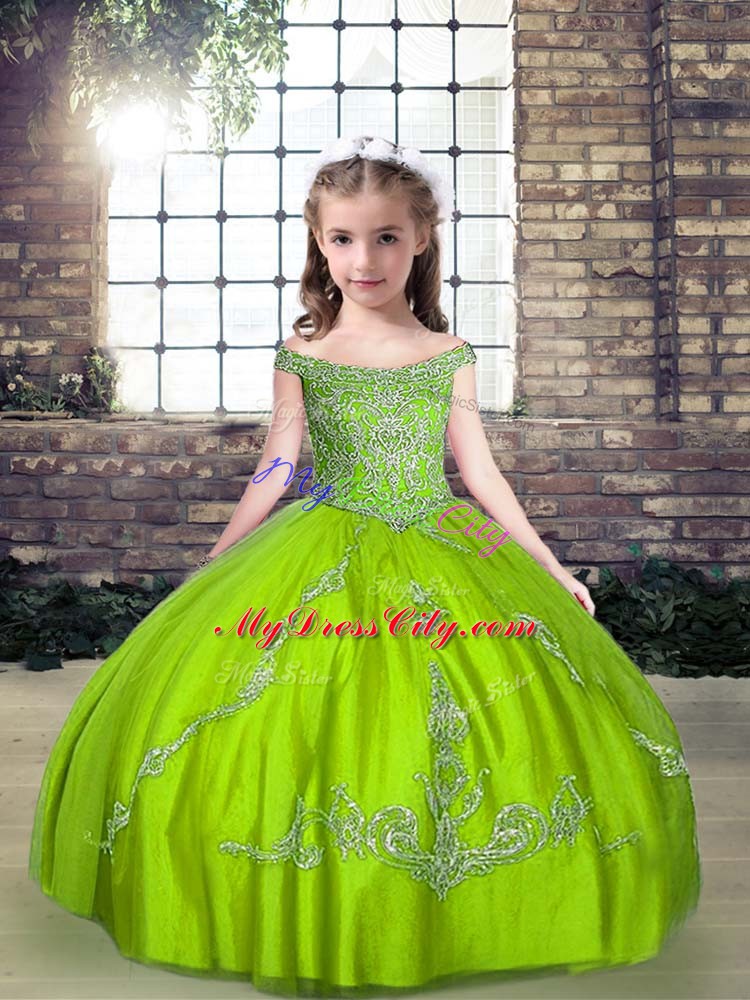 Stunning Off The Shoulder Sleeveless Little Girls Pageant Dress Floor Length Beading Tulle