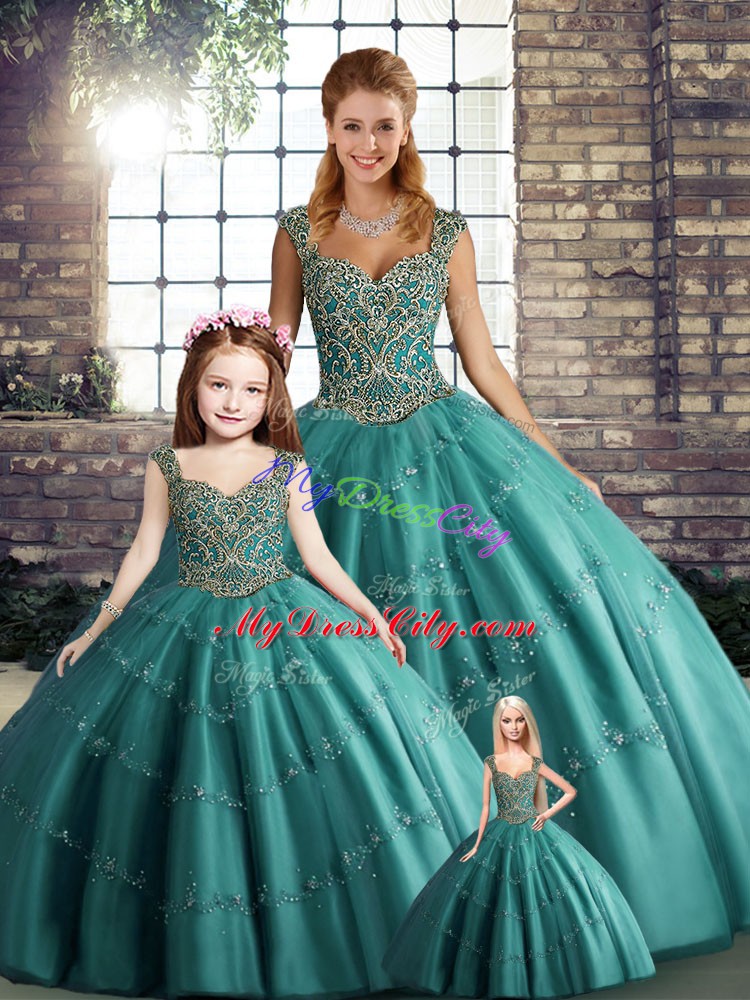 High Quality Teal Straps Lace Up Beading and Appliques 15th Birthday Dress Sleeveless