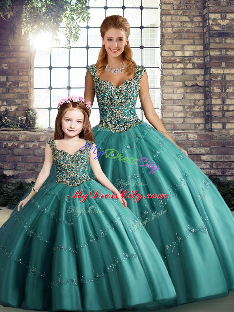 High Quality Teal Straps Lace Up Beading and Appliques 15th Birthday Dress Sleeveless