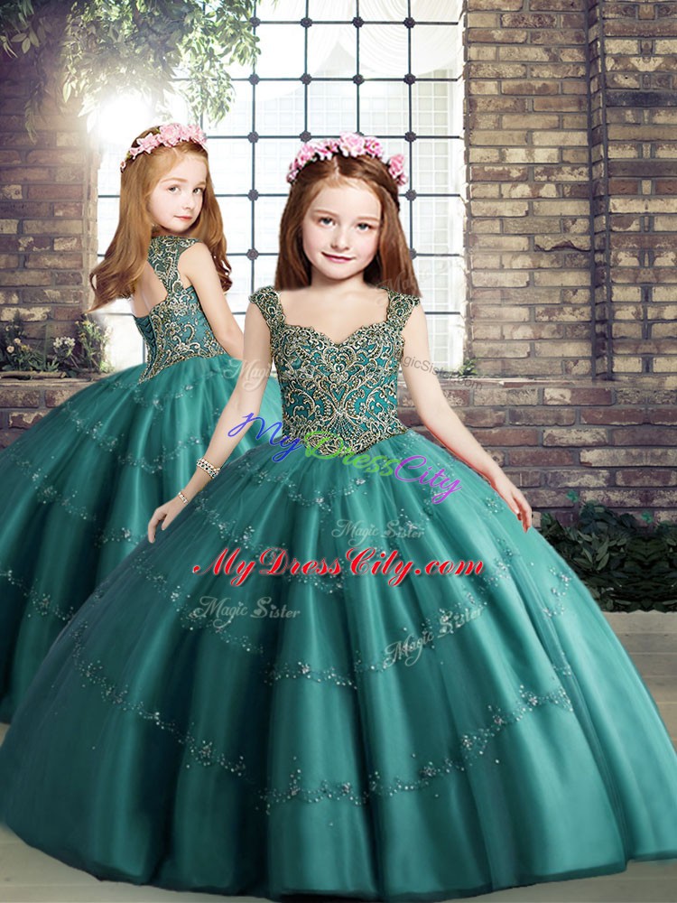 High Quality Teal Straps Lace Up Beading and Appliques 15th Birthday Dress Sleeveless