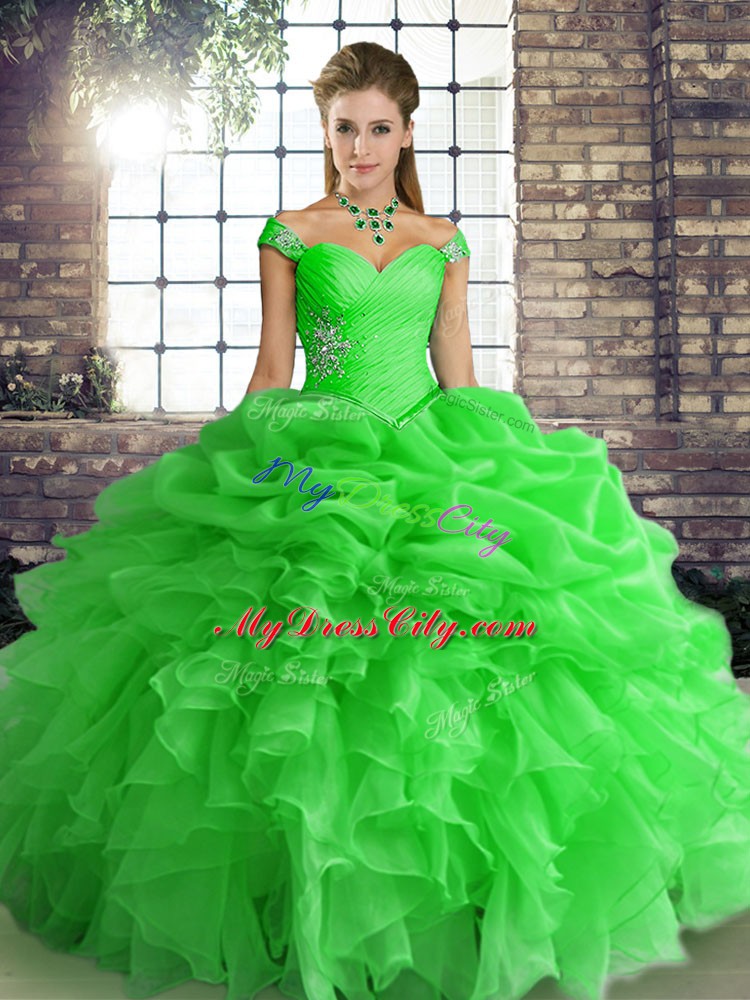 Floor Length Green Quinceanera Gown Organza Sleeveless Beading and Ruffles and Pick Ups