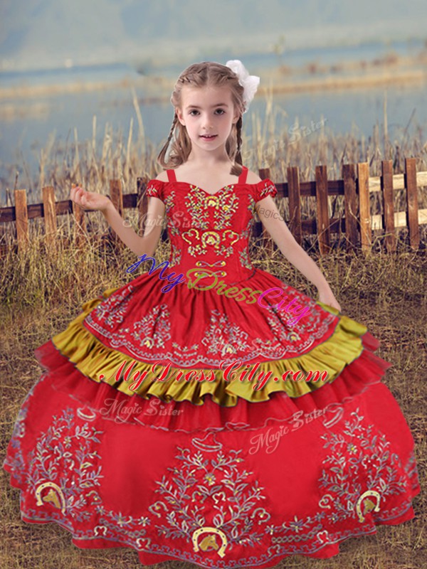 Red Lace Up High School Pageant Dress Beading and Embroidery Sleeveless Floor Length