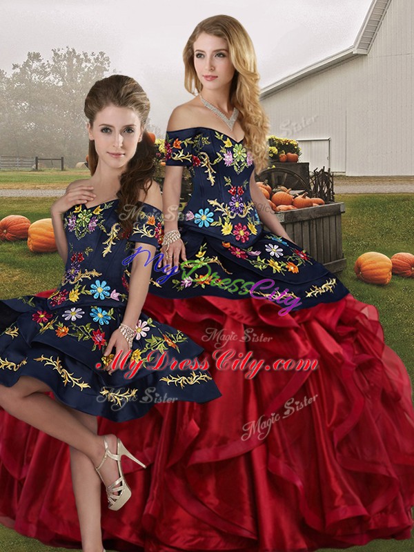 Red And Black Off The Shoulder Lace Up Embroidery and Ruffles 15th Birthday Dress Sleeveless