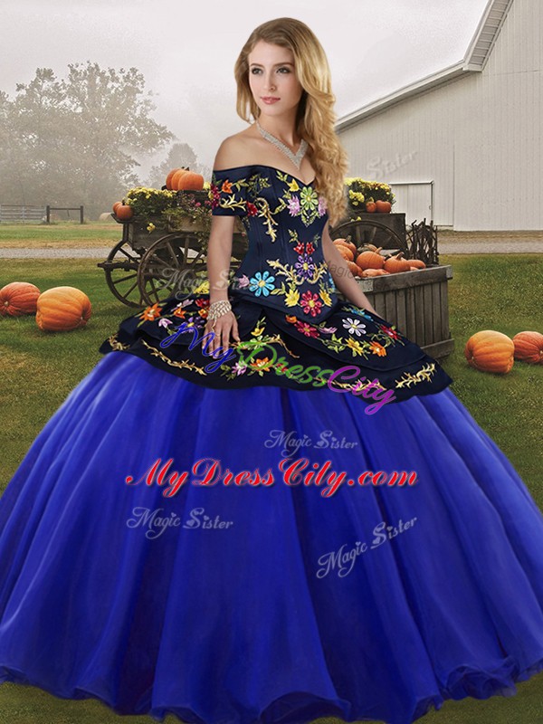 Royal Blue Ball Gowns Embroidery Quinceanera Gown Lace Up Tulle Sleeveless Floor Length