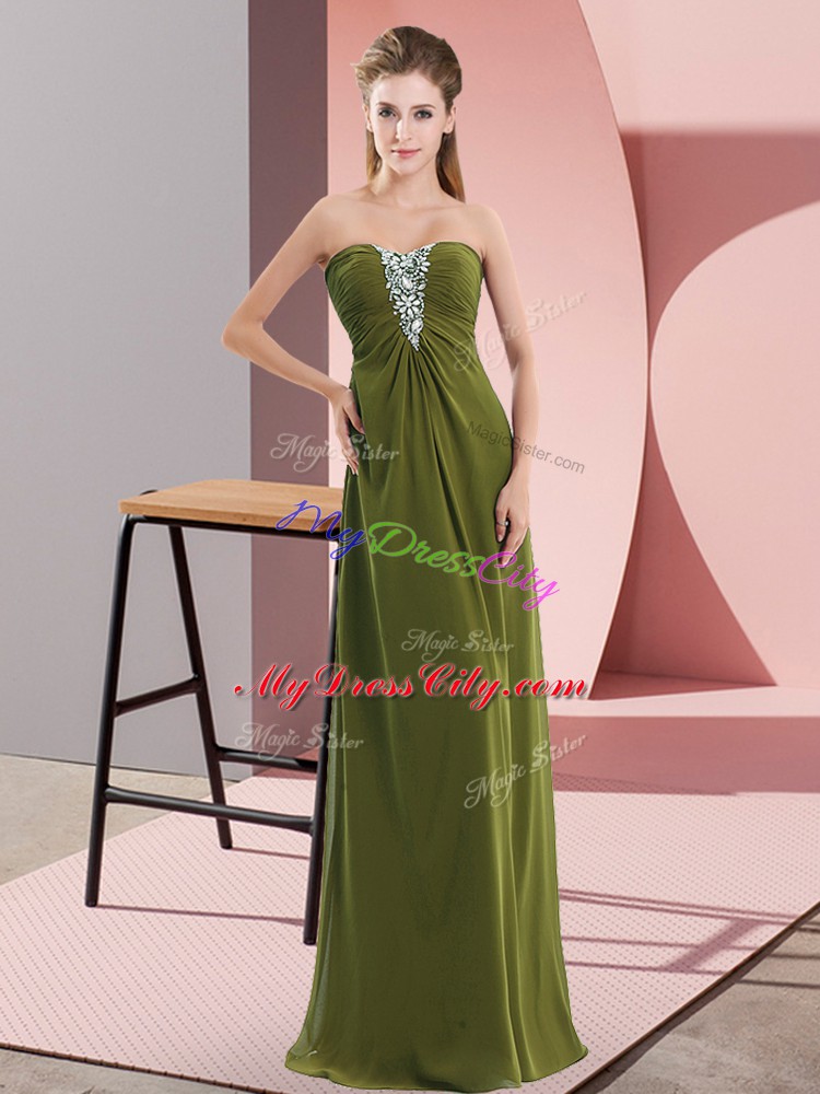 Comfortable Olive Green Sleeveless Beading Floor Length Prom Party Dress