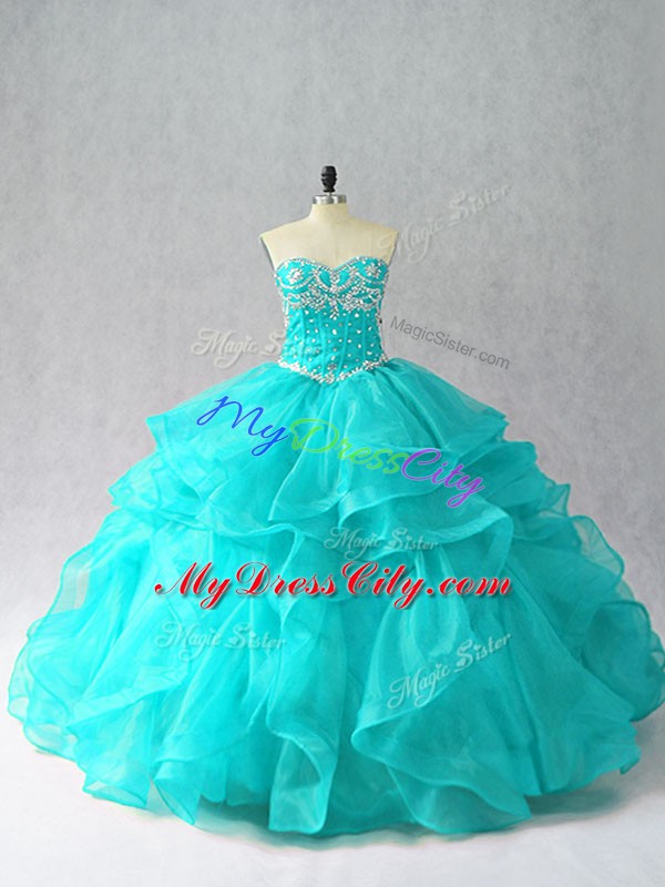 Fashionable Organza Sleeveless Floor Length Quince Ball Gowns and Beading and Ruffles