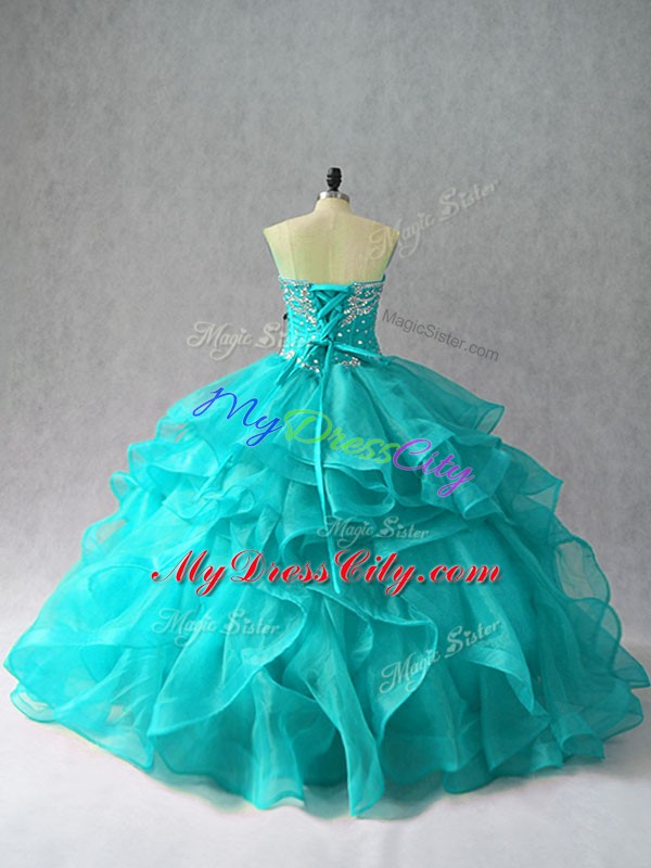 Fashionable Organza Sleeveless Floor Length Quince Ball Gowns and Beading and Ruffles