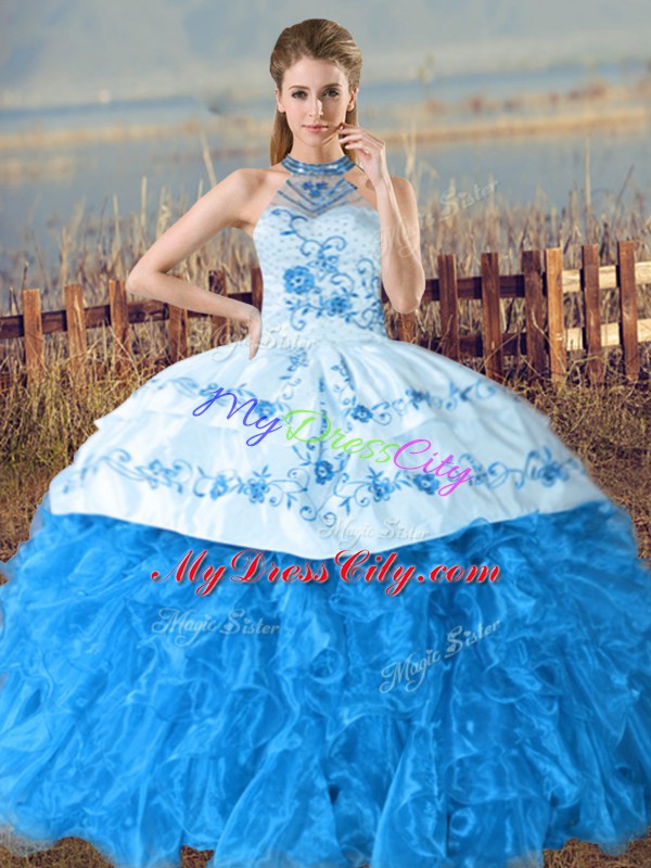 Discount Baby Blue Halter Top Neckline Embroidery and Ruffles Quinceanera Gowns Sleeveless Lace Up