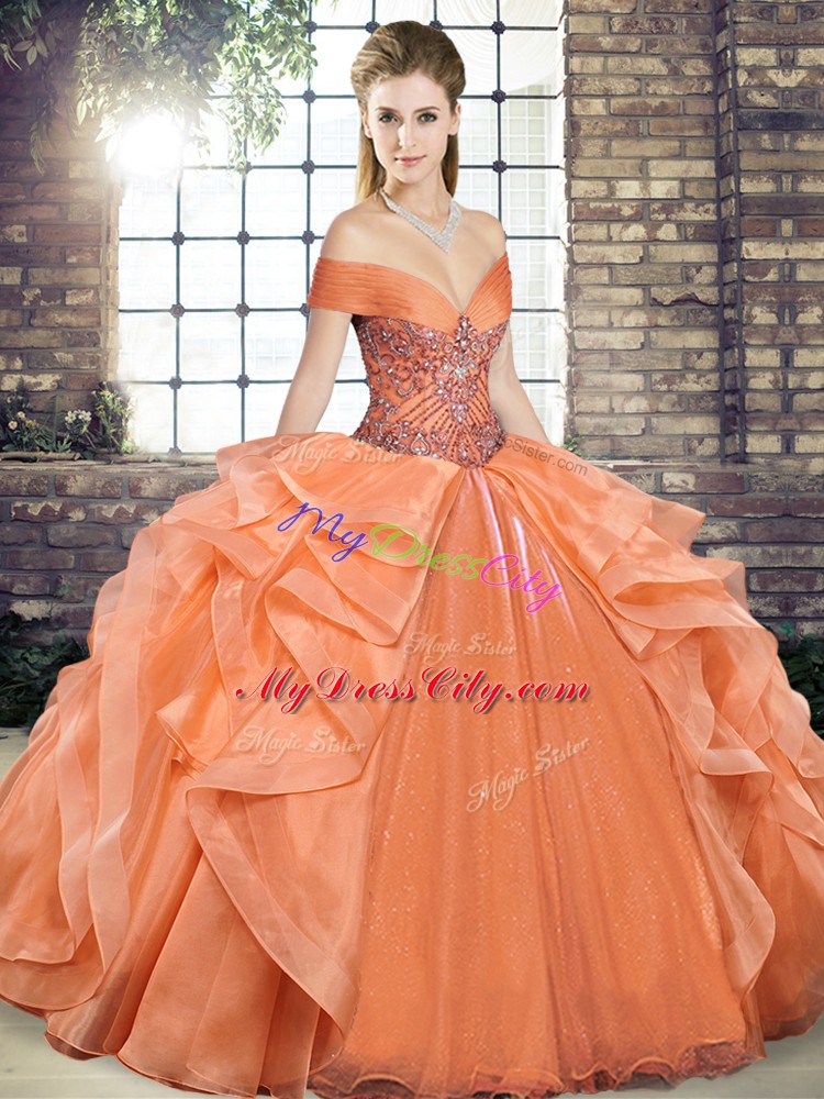 Floor Length Ball Gowns Sleeveless Orange Vestidos de Quinceanera Lace Up