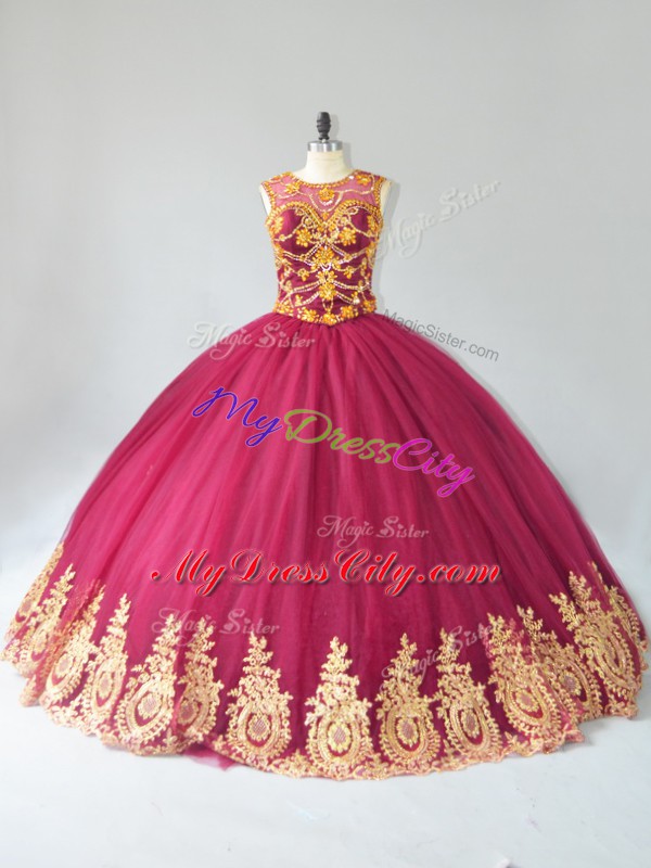 Burgundy Sleeveless Floor Length Appliques Lace Up Quinceanera Dresses