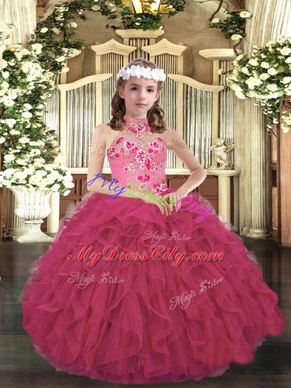 Hot Pink Sleeveless Organza Lace Up Kids Pageant Dress for Party and Sweet 16 and Wedding Party