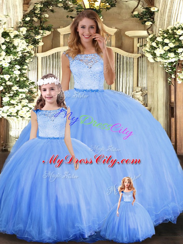 Luxury Floor Length Blue Quince Ball Gowns Scoop Sleeveless Clasp Handle