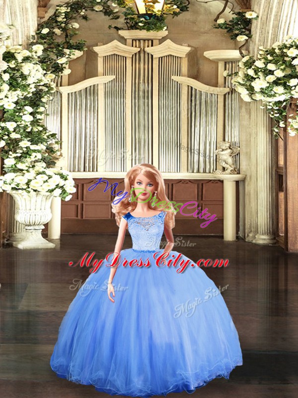 Luxury Floor Length Blue Quince Ball Gowns Scoop Sleeveless Clasp Handle