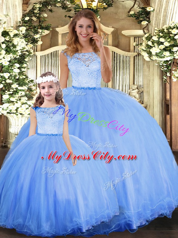 Luxury Floor Length Blue Quince Ball Gowns Scoop Sleeveless Clasp Handle