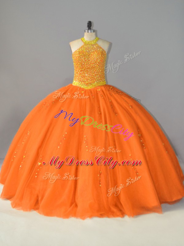 Orange Ball Gowns Halter Top Sleeveless Tulle Floor Length Lace Up Beading Sweet 16 Dress