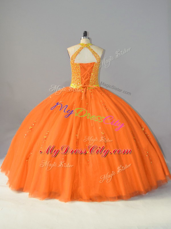 Orange Ball Gowns Halter Top Sleeveless Tulle Floor Length Lace Up Beading Sweet 16 Dress