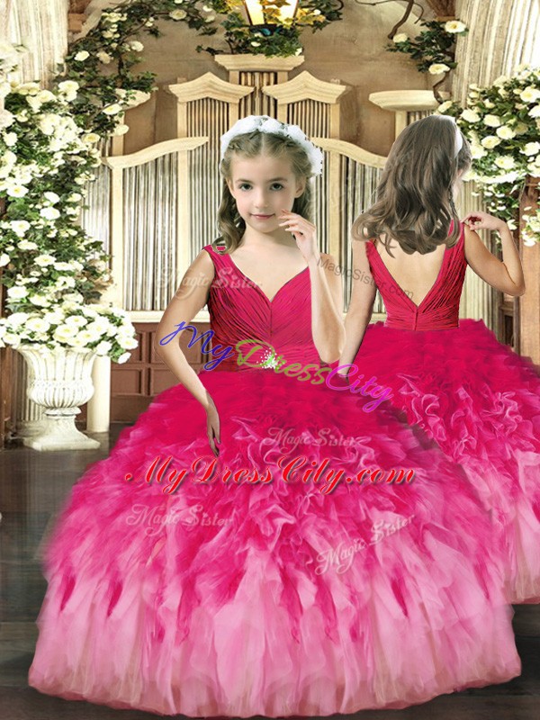 Inexpensive Tulle V-neck Sleeveless Backless Beading and Ruffles Sweet 16 Quinceanera Dress in Multi-color