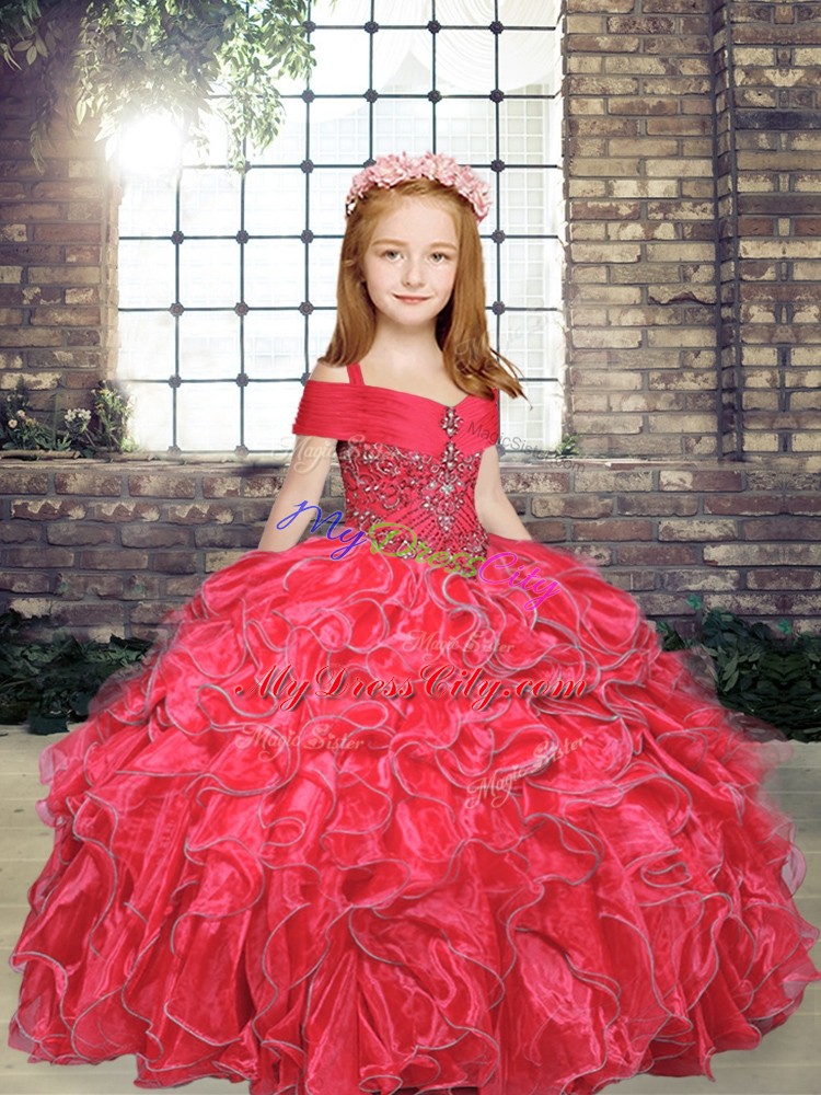 Sleeveless Floor Length Beading and Ruffles Lace Up Custom Made Pageant Dress with Red